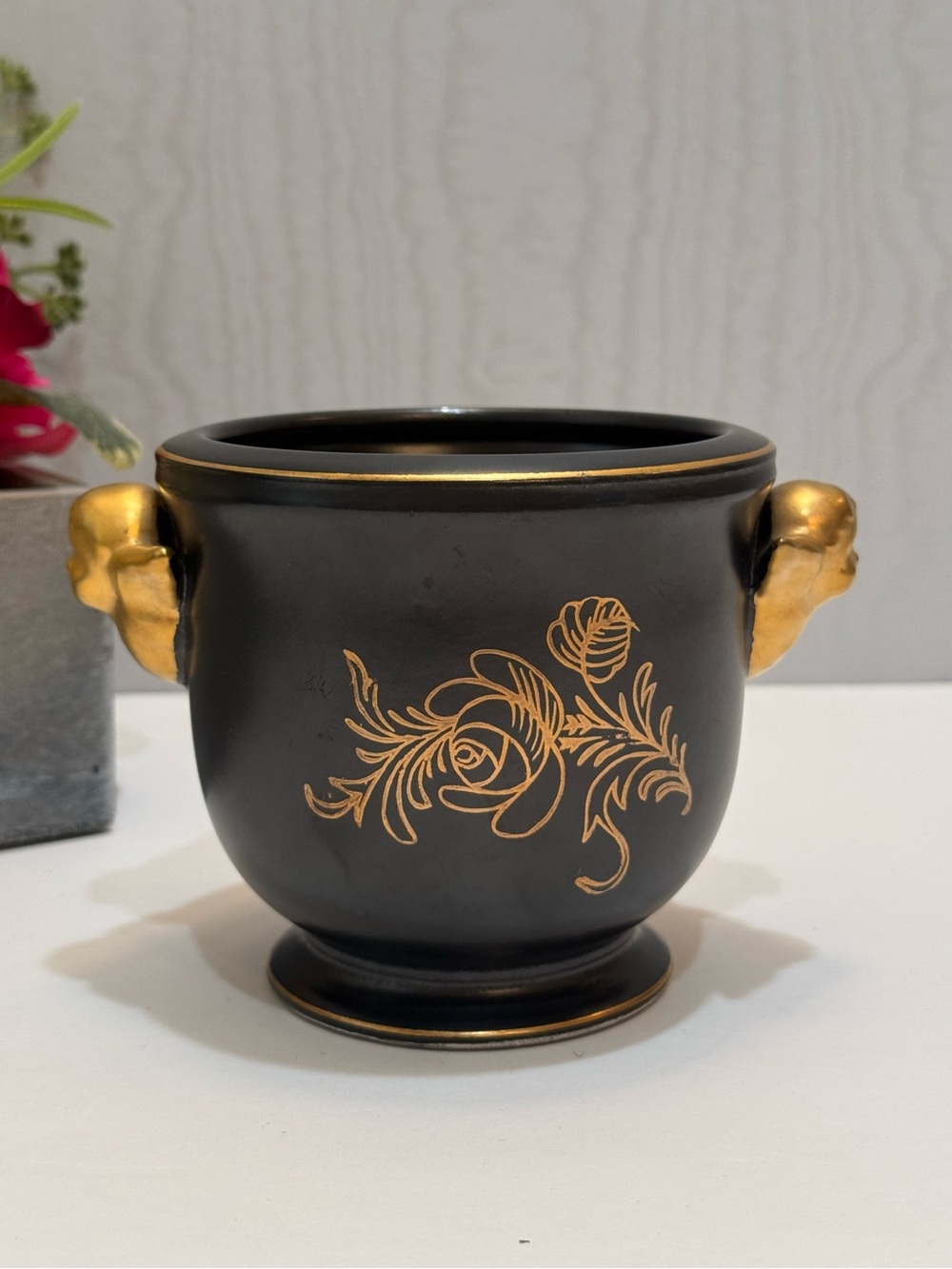 Vintage Black Ceramic Urn Planter Gold Cherub Handles Floral Trinket Catchall